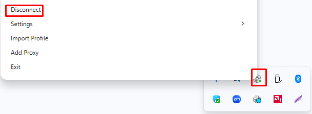Windows system tray with VPN icon and Disconnect option highlighted.