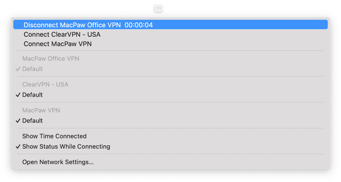 macOS VPN menu with Disconnect highlighted.