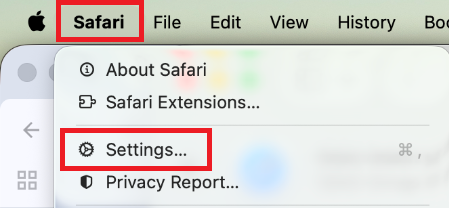 Safari menu item with Settings highlighted.