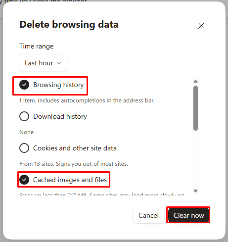 Edge Delete browsing data screen.
