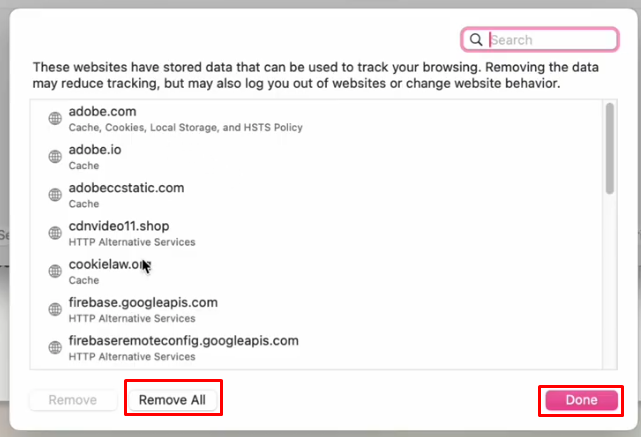 Safari settings with the Remove All and Done buttons highlighted.