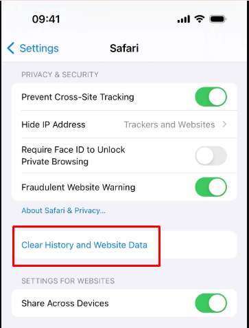 Safari mobile settings with Clear History and Website Data button highlighted.