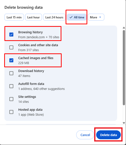 Chrome Delete browsing data screen