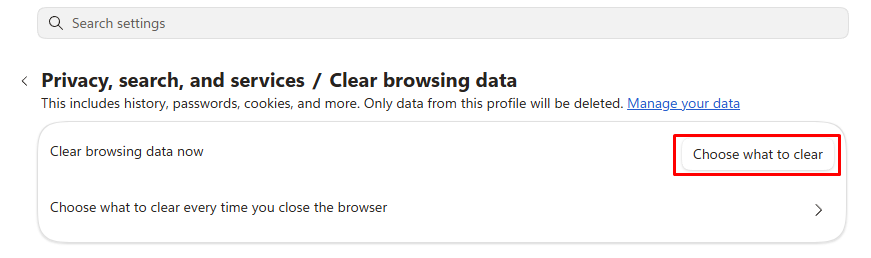 Edge Choose what to clear button.