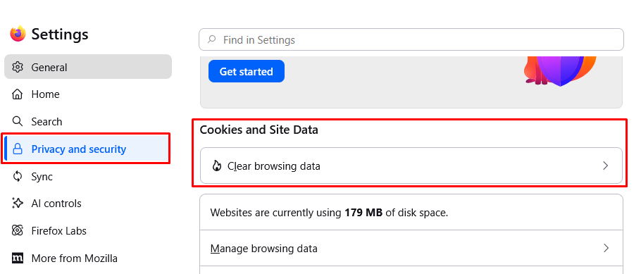 Firefox setings with Clear browsing data button highlighted.