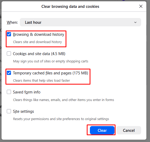 Firefox browsing history and cached files selected with the Clear button highlighted.