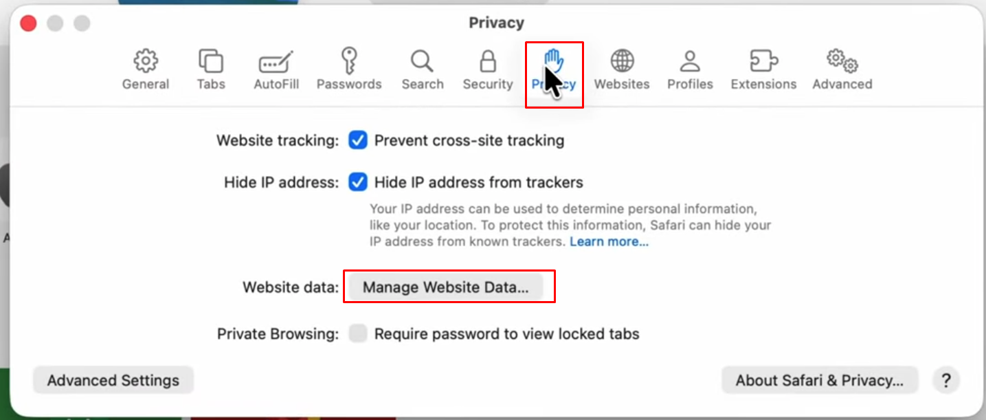Safari privacy settings with the Manage Website Data button highlighted.