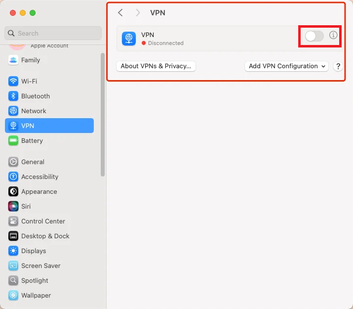 macOS VPN menu with Disconnect highlighted.