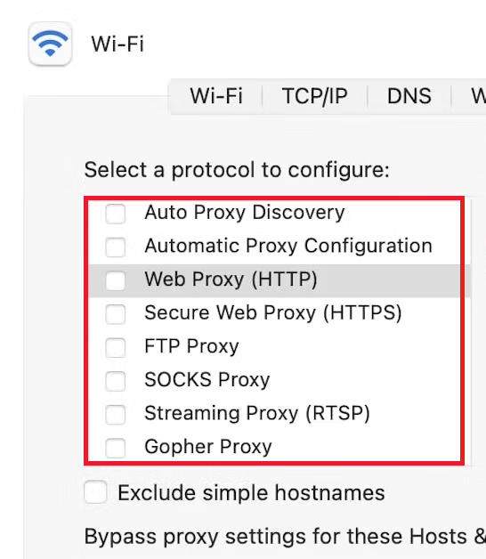 macOS Proxy options with all checkboxes cleared.