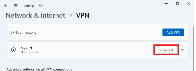 Windows VPN settings with Disconnect button highlighted.