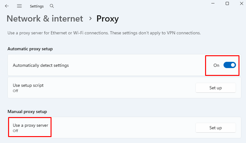 Windows Proxy options with Automatically Detect Settings toggle highlighted, and Use a proxy server highlighted.