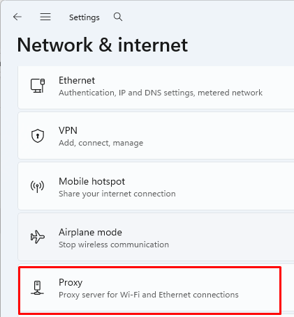 Windows Network & Internet options with Proxy button highlighted.