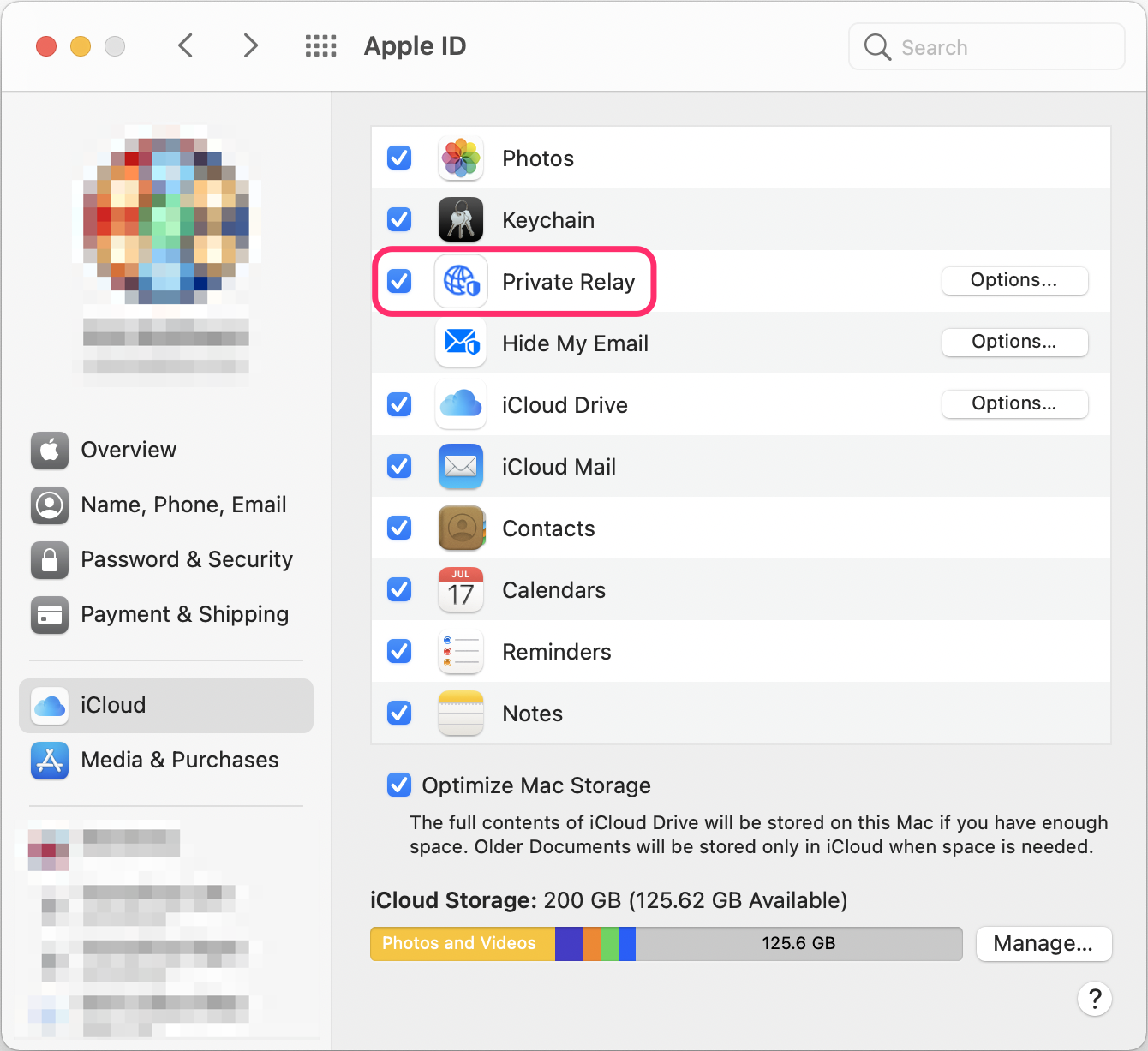 macOS iCloud settings with Private Relay highlighted.